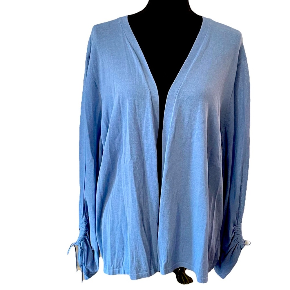 NWT CHICO’S Size 4 or US 20/22 Ruched Sleeve Cardigan Sweater 3/4 Sleeve BLUE